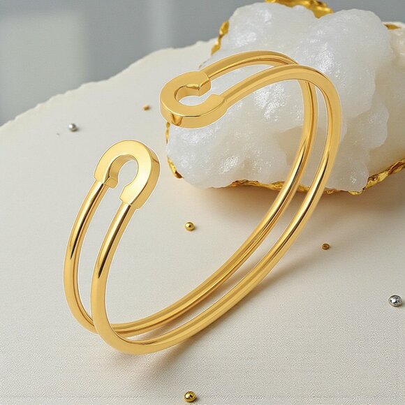 🆕 18K Gold Plated Stainless Steel Modern Open Cuff Pin-Shaped Trendy Bracelet - Picture 1 of 15